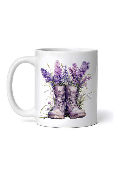 OEM Cană albă personalizată, ornament Boots cu flori mov, INOVATIX®. 330ml