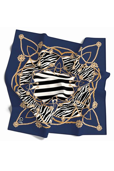 VİOLLA Navy Blue Zebra Print Twill Gold 90X90 Scarf - Silk Free
