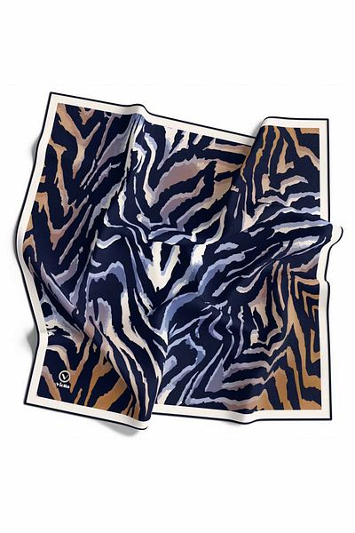 VİOLLA Beige and Navy Color Crystal Zebra Print 90X90 Scarf - Silk Free, Hand Stitched