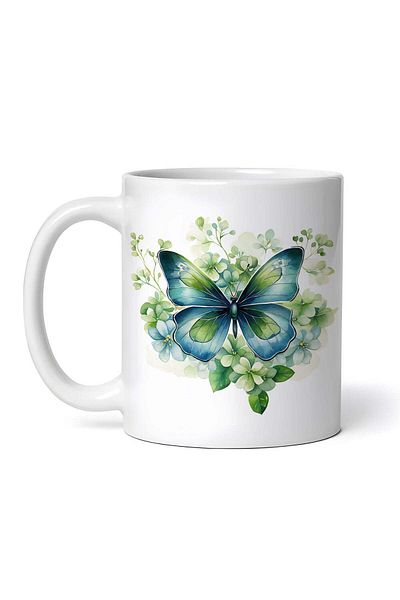 OEM Cană albă personalizată, Fluture albastru pe câmp, INOVATIX®. 330ml