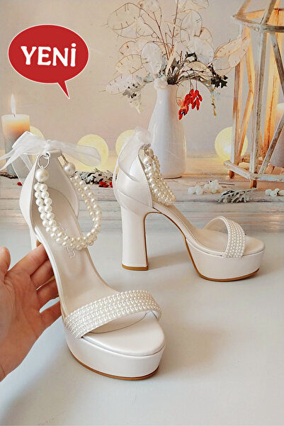 Modavien Kadın 13 Cm Platform ekru bilekten incili Gelin Ayakkabısı