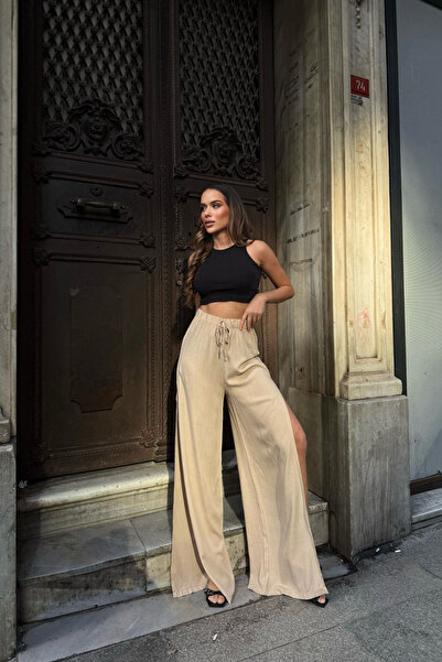 Bliss Women's Cream Linen Slit High Waist Palazzo Trousers