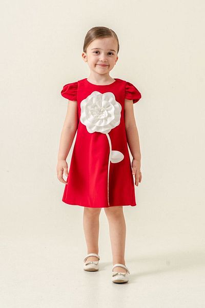 Minigimin Cicileri Rochie pentru fete cu mânecă scurtă, cu model de trandafiri, în linie A - roșu