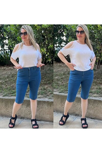 ZY BUTİK Mavi Büyük Beden İnce Yazlık Kot Beli Lastikli Şehir Boy Şort