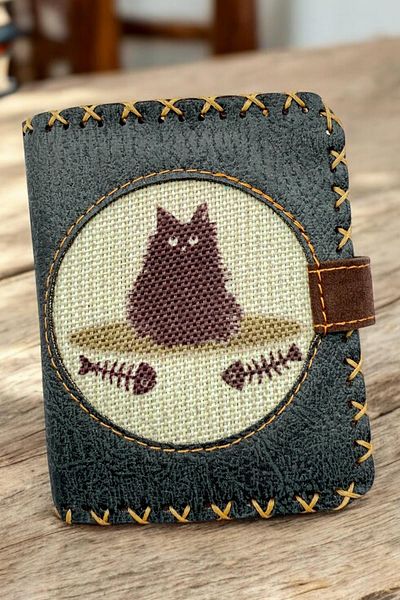 Fildişi Aksesuar Handmade Women's Wallet Vegan Leather Dark Green Color with Chubby Cat Image