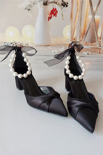 Modavien Women's 5 cm Black Special Design Bridal Shoes with Pearls