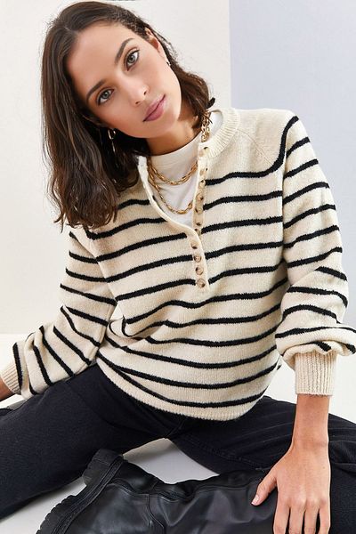 KURGAN TEKSTİL Women's Buttoned Collar Turtleneck Striped Knitwear Sweater