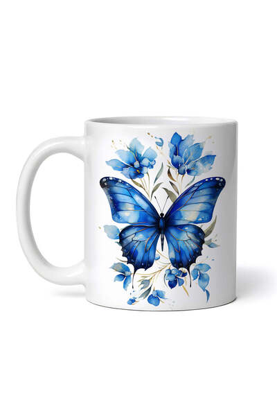 OEM Cană albă personalizată, fluture și flori albastre, INOVATIX®. 330ml