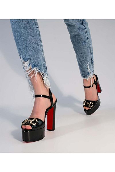 Sibel Shoes Henna Black Patent Leather Platform Sandals