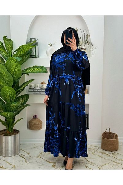 NiLi Shirt Collar Patterned Front Half Button Closure Viscosa Fabric Women's Dress Black