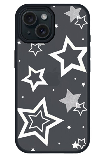 WANNA PROTECT iPhone 15 Siyah Yıldızlar Desenli Kamera Çıkıntılı İmpact Telef...