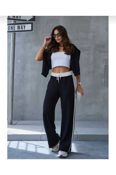 OYS Modal Fabric Palazzo Wide Leg Track Pants with Stripes on the Sides