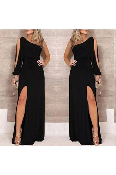 NİZ BUTİK Black One Shoulder Slit Crepe Evening Gown Evening Dress