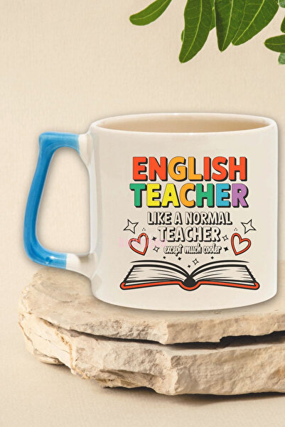 qoeuyl boutique English Teacher Cooler Baskılı Komik İngilizce Öğretmeni Doğum Günü Hediye Mavi Kulplu Kupa Bardak