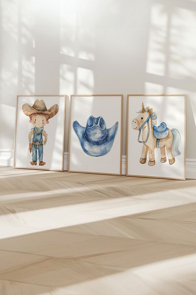 Home Cowboy drăguț din 3 piese, Decor camera copiilor, Pictură camera copiilor, Băiat, Fără cadru
