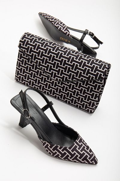 MFT AYAKKABI Women's 7 cm Thin Heeled Patterned Casual Shoes and Bag Set