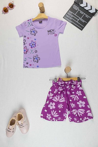 Yalçınoğlu Kids Cheerful Summer Style Girl's Set I Floral T-Shirt and Colorful Shorts Set I Summer Double Combination
