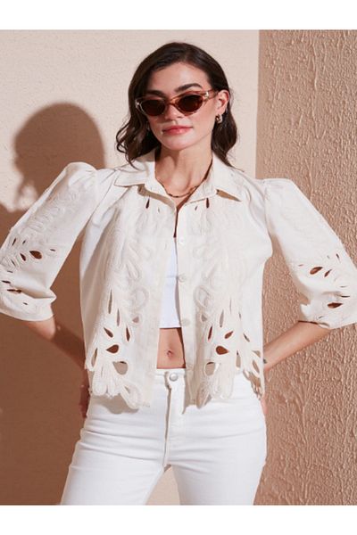 TUSSE Elegant Natural Openwork Embroidered Women's Ethnic Linen Shirt