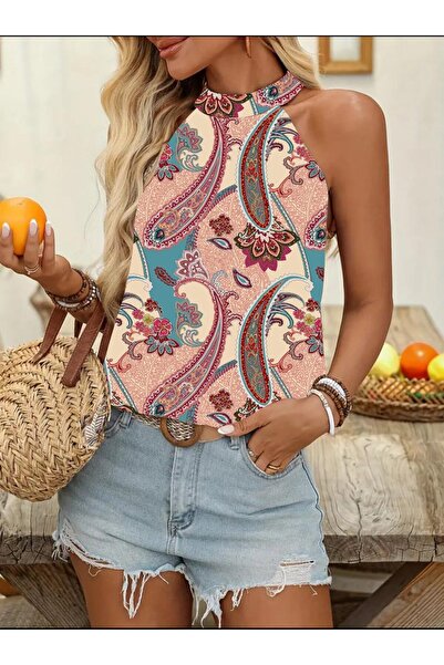 Moda Monisa Bluză fără mâneci cu guler halter, șal din microțesătură și model perie