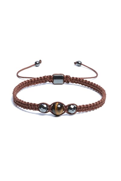 Sırlı Taş Kaplan Gözü, Hematit Doğal Taş Bileklik - 8mm 6mm Makrome Bileklik Ayarlanabilir