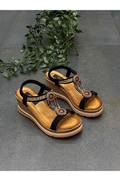 DİVA Μαύρη Πέτρα Σφηνοειδές τακούνι Γυναικεία Casual Σανδάλια