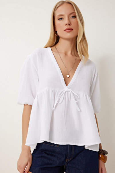 Lovelyİstanbul Λεπτομερής μπλούζα μουσελίνας με λαιμόκοψη με κορδόνι ΛΕΥΚΟ LA...