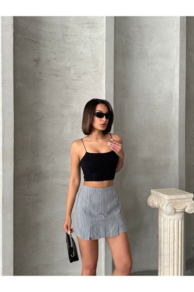 Miss Prova Slit Detail Linen Blended Mini Shorts Skirt Mıssetk2640
