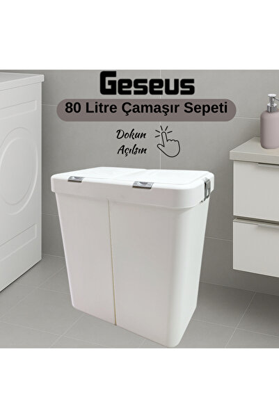 Geseus Gümüş Ikili Dokunmatik Çamaşır Sepeti Çöp Kovası Temizlik Kovası Kirli Sepet 80 Litre-MT009