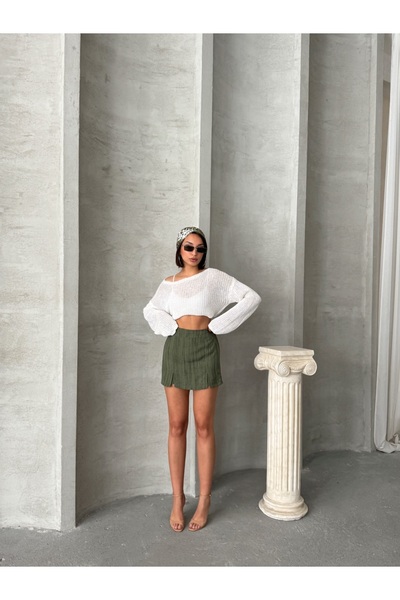 Miss Prova Slit Detail Linen Blended Mini Shorts Skirt Mıssetk2640