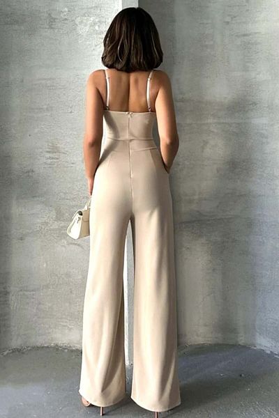FashionForYou Oralia Evening Jumpsuit, With Thin Straps And Highlighted Waist, Cream, Size S/m