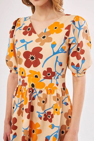 Namaste Vintage Beige Color Floral Balloon Sleeve V-Neck Mini Dress