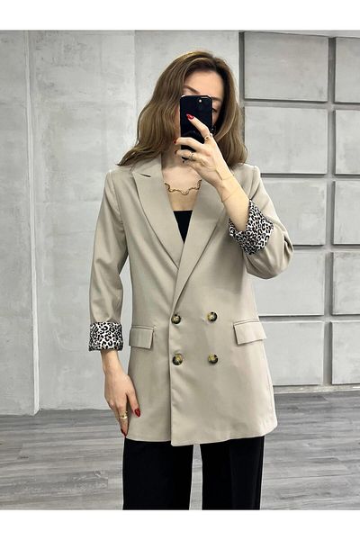 Coral Leopard Lined Double Breasted Jacket Stone