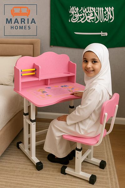 MARIA HOMES Pink Adjustable Kids Study Desk and Chair Set with Storage Shelf and Abacus