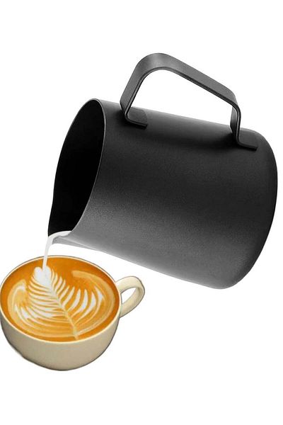 Generic إبريق حليب مجمد من الفولاذ المقاوم للصدأ لآلات الإسبريسو والكابتشينو واللاتيه آرت، سعة 0.35 لتر، أسود/فضي