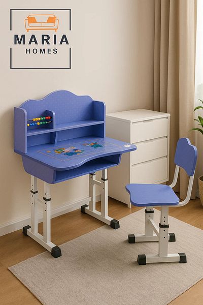 MARIA HOMES Blue Adjustable Kids Study Desk and Chair Set with Shelf and Abacus