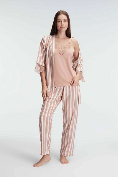 Anıl Women's v-neck viscose striped patterned summer knitted dressing gown pajama set with rope strap