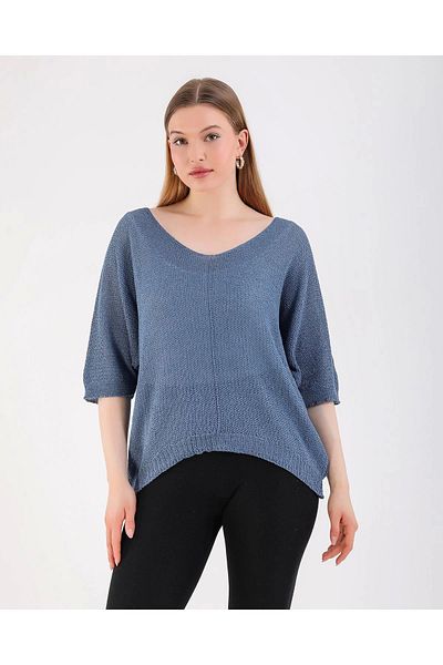 SUMEF Bat V-Neck Thin Knitwear Bluză pentru femei-albastru