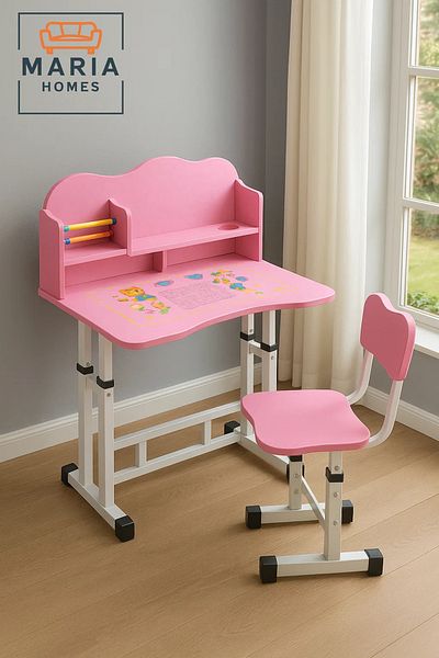MARIA HOMES Pink Adjustable Kids Study Desk and Chair Set with Storage Shelf and Abacus