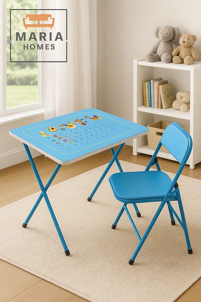 MARIA HOMES Blue Kids Study Table and Chair Set – Foldable Learning Desk with Educational Alphabet Print