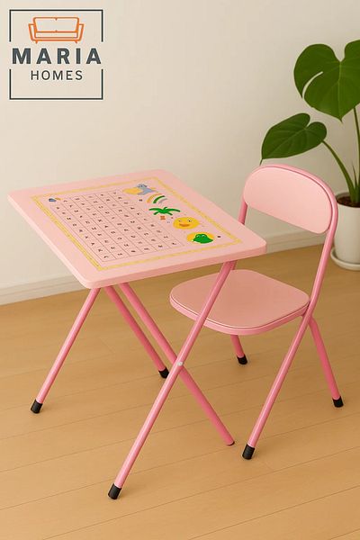 MARIA HOMES Pink Kids Study Table and Chair Set – Foldable Learning Desk with Alphabet Design