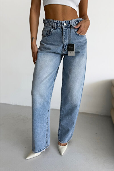 Likrasız Tokalı Baggy Jean Pantolon Mavi