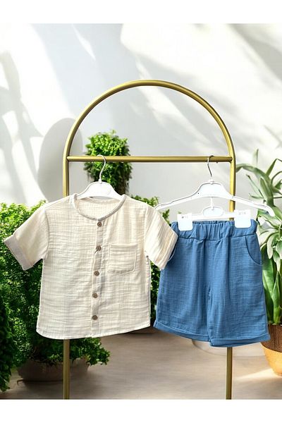 Baby Golden Set băieți muselină cu cămașă și pantaloni scurți |   De sărbători – 2 bucăți