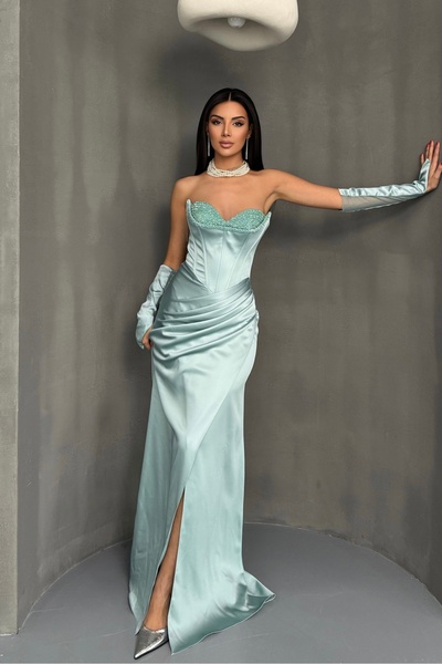 İyem Abiye Saten Seyyar Kollu Göğüs Taş Detay Şık Abiye Elbise Tam Kalıp