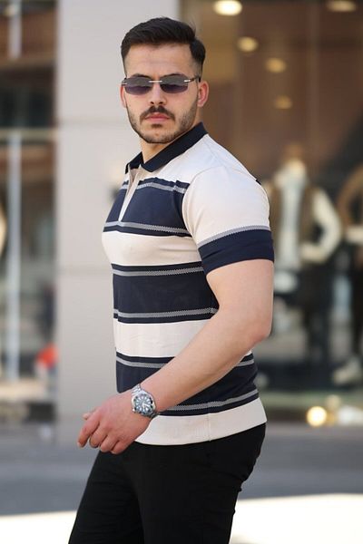 modaserdem Men's Collared Zippered Double Color Short Sleeve T-Shirt