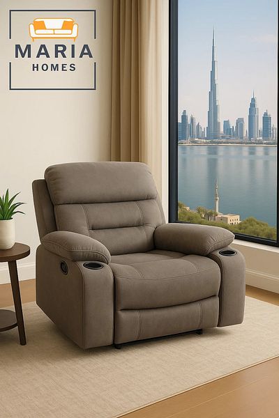MARIA HOMES Brown Recliner Armchair with Dual Cup Holders – Comfortable Fabric Lounge Chair for Living Room