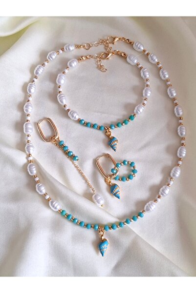 İPAR AKSESUAR Baroque Egg Pearl - Crystal Necklace Bracelet and Earring Set