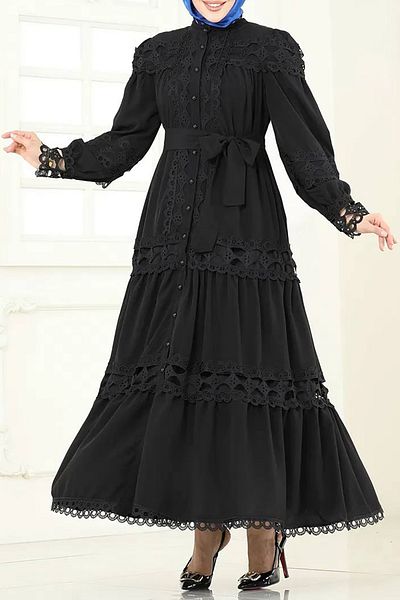 Neşeli Butik γυναικείο μαύρο γκουπέρ λεπτομερές χιτζάμπ φόρεμα NBTMS42110