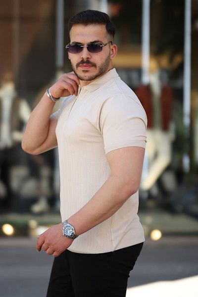 modaserdem Men's Short Sleeve T-Shirt with Zipper Collar