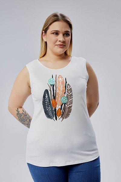 Curvy Trend Large Size Feather Printed Sleeveless Viscose Basic Blouse