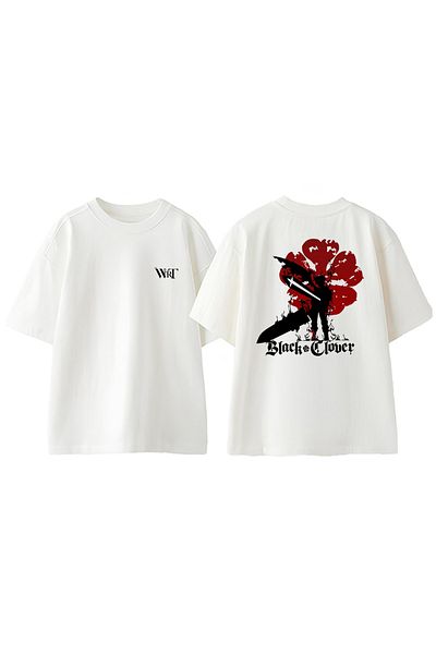 THEWERT Black Clover Design Back Printed Cotton White Oversize T-Shirt